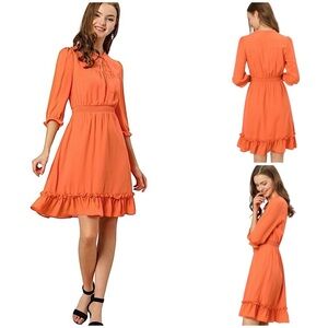 NWT Allegra K Ruffle Hem 3/4 Sleeve A-Line Smocked Short Chiffon Dress